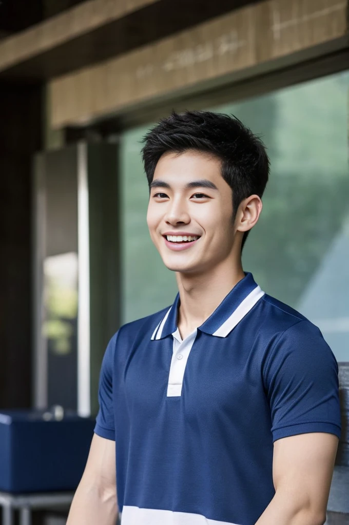 Korean man, Inspiration from Peng Yuyan, 23 years old, Korean muscular man ,The computer room is in the back. Sports t-shirts, polo, tight, navy blue., open mouth smile