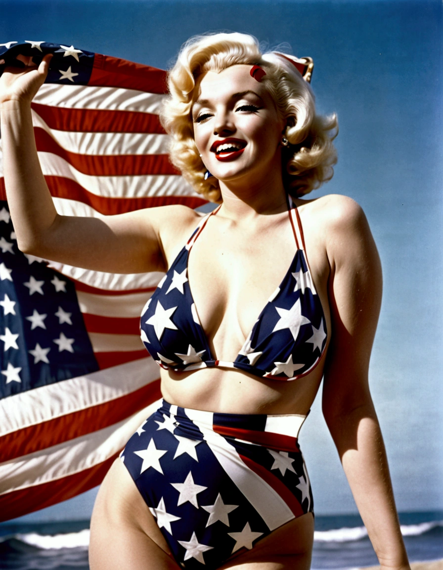 Marilyn Monroe, age 25, 50s style swimsuit american flag motif, waving a small american flag, American flag in background, sultry joyous pose