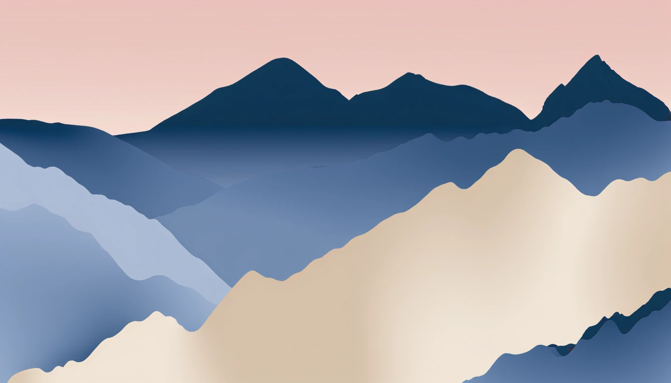 minimalist style,Blue, light pink, creamy texture, clean imagery, impact, minimalist composition, poster quality. Layered, mountain peaks. Gold lines.