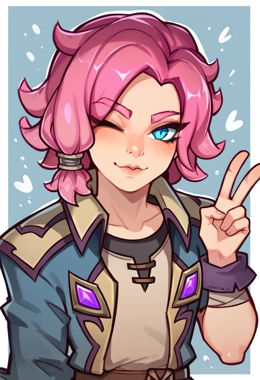 maeve from paladins, detail eyes, left eye closed, hand with peace symbol