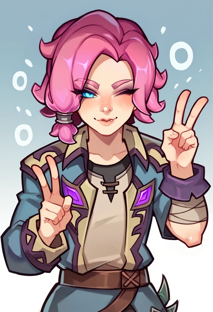 maeve from paladins, detail eyes, left eye closed, hand with peace symbol