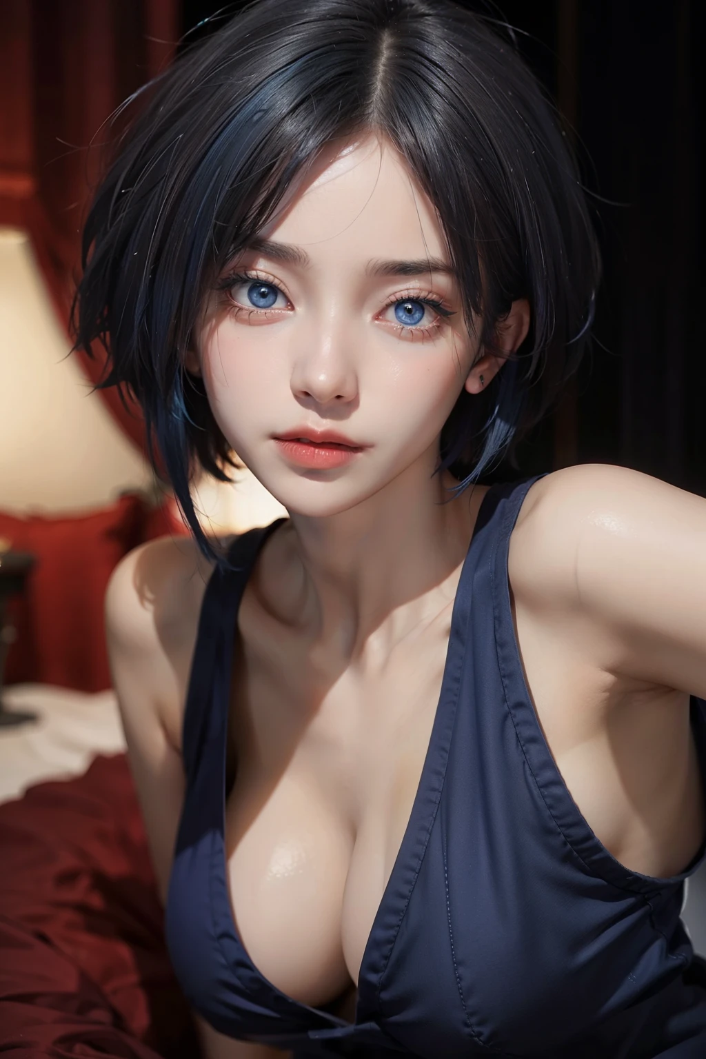 short hair woman, blue hair, blue eyes, scarlet red eye makeup