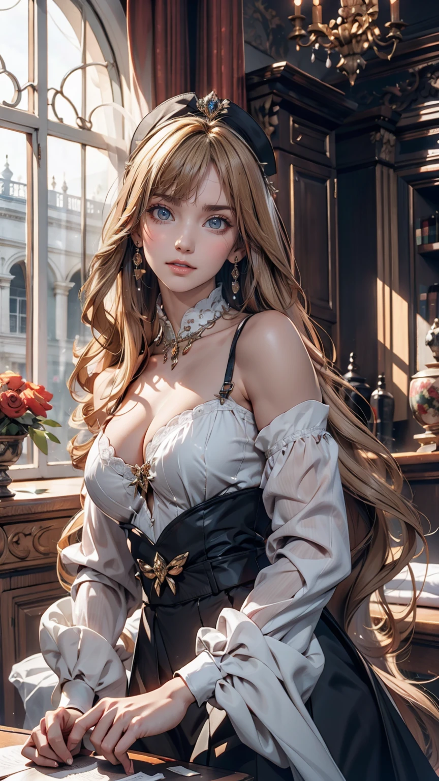 ((最high quality, 8k, masterpiece: 1.3, Ultra HD, high quality, 最high quality, High resolution, realism)) 、Marie Antoinette、Wear a Bourbon dynasty dress、Blonde、Upstyle your hair、Inside the Palace of Versailles in France、Enjoy tea time in a luxurious room