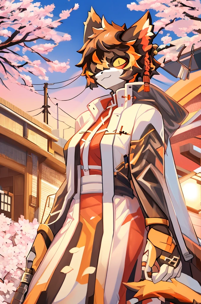 ((best quality, masterpiece, perfect ???????, detailed picture)), yamame513, furry, 1female, Aak, (Arknights), sexy body, breasts, black sclera, cat tail, wallpaper, portrait, illustration, retro, in the cherry blossom alley