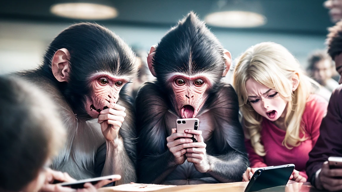 A scene of a monkey, an alien, and a large group of humans, male and female, enjoying social media with their smartphones. While looking at the phones, a variety of emotions are expressed, including an angry monkey, an alien making money, and a gasping person. The background is pure white.