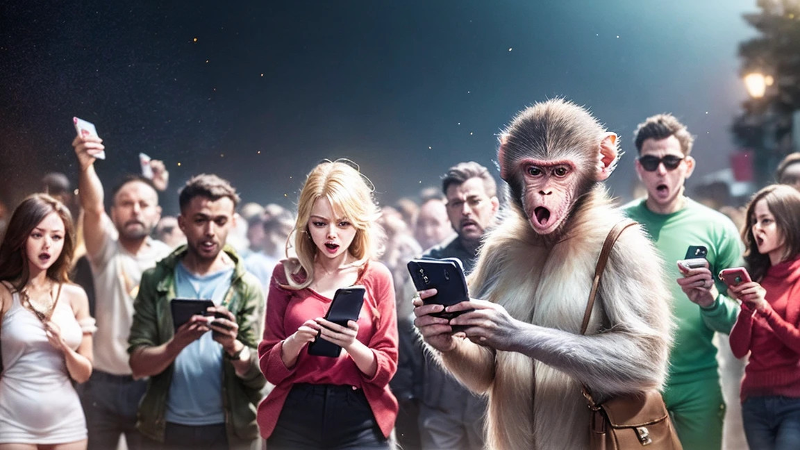 A scene of a monkey, an alien, and a large group of humans, male and female, enjoying social media with their smartphones. While looking at the phones, a variety of emotions are expressed, including an angry monkey, an alien making money, and a gasping person. The background is pure white.