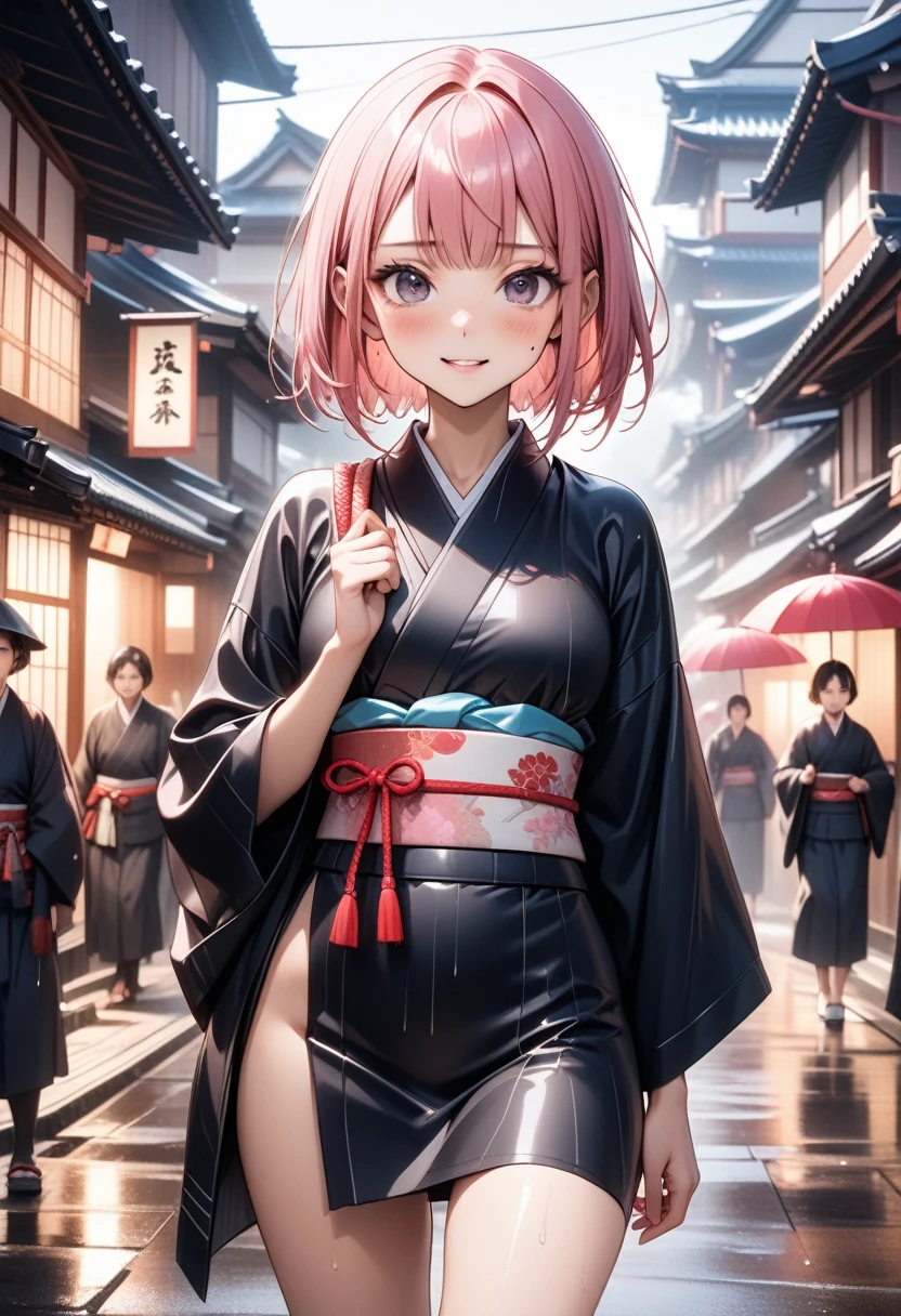 ((Samurai Girl)), (((kimono))), dark Outfit, ((skindentation)), skinny, solo, (1 sexy woman), Masterpiece, highest quality, highest quality, 16K, incredibly absurd, highly detailed, 2.5D, ai-generated, delicate and dynamic, very delicate facial expressions, delicate eye depiction, erotic, only sexy woman, (short hair), (pink hair:1.5), bob cut, black eye, ((A cute and kind face)), healthy figure, ((25-year-old woman)), 160cm tall, medium firm swaying bust, blush, Sweat,Embarrassed,sexy, ((thin thighs)), ((shiny and lustrous)), facing straight at viewer, Japan in the Edo period, post town scenery, heading to battle, in the rain,
