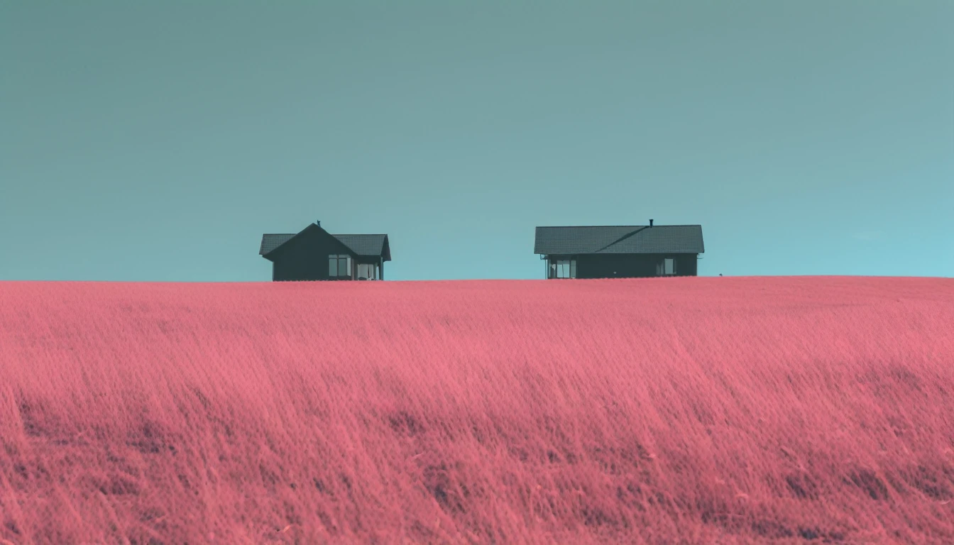 minimalist style，Noise，Low saturation，dreamcore,dark shadow,a house on a grassland,blue sky,Y2K,lo-fi