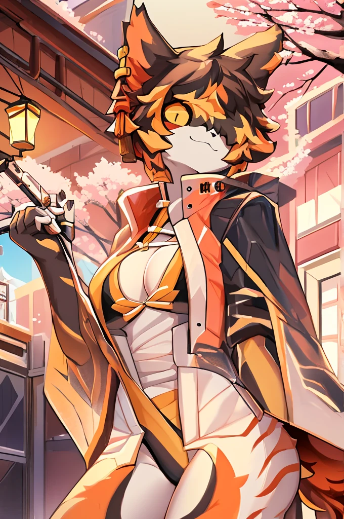 ((best quality, masterpiece, perfect anatomy, detailed picture)), yamame513, furry, 1female, Aak, (Arknights), sexy body, breasts, black sclera, cat tail, wallpaper, portrait, illustration, retro, in the cherry blossom alley, swimwear