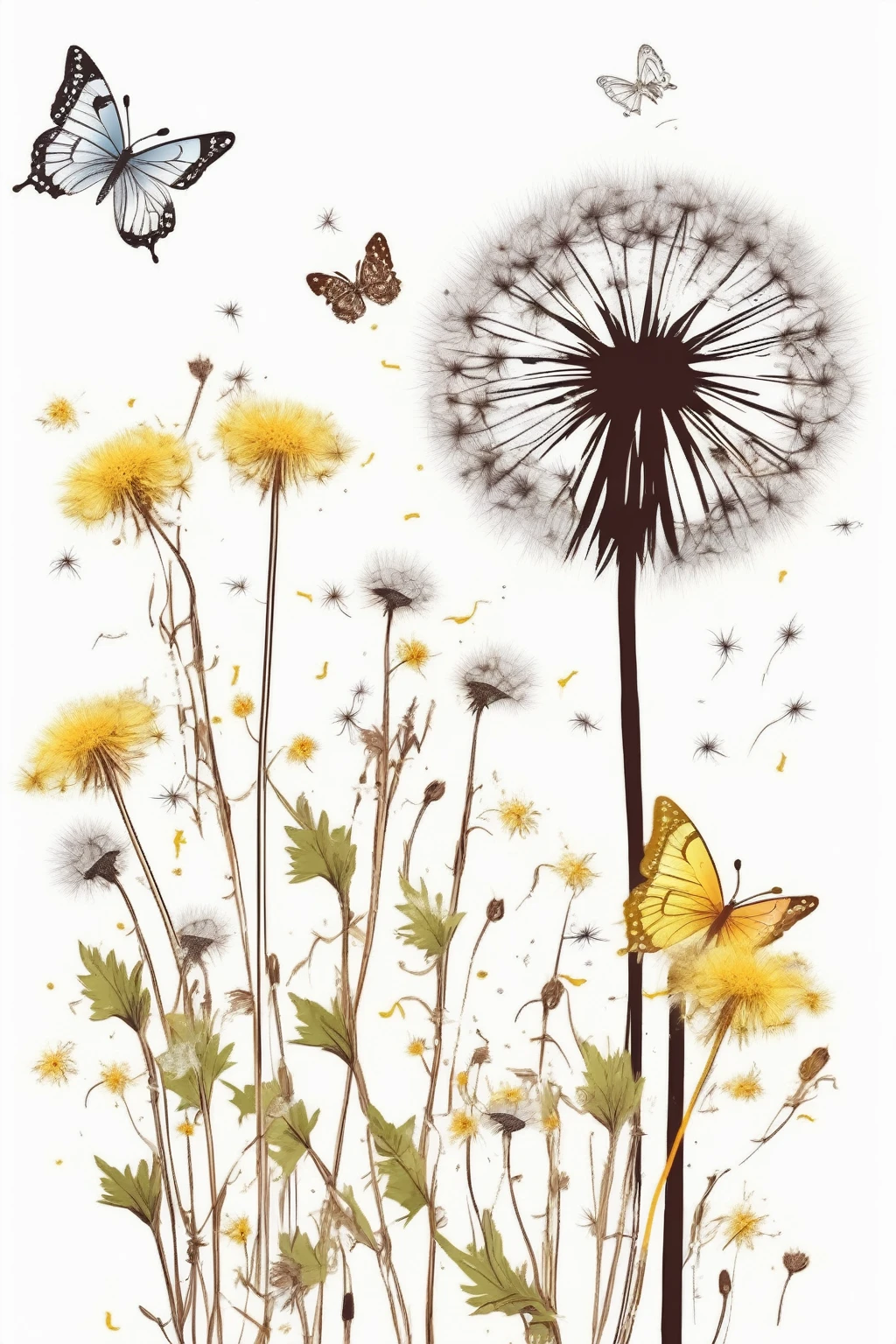 Dandelion，There are weeds and small flowers growing beside it，Butterflies flying around，Bohemian style，Realistic style，Retro Style，White background