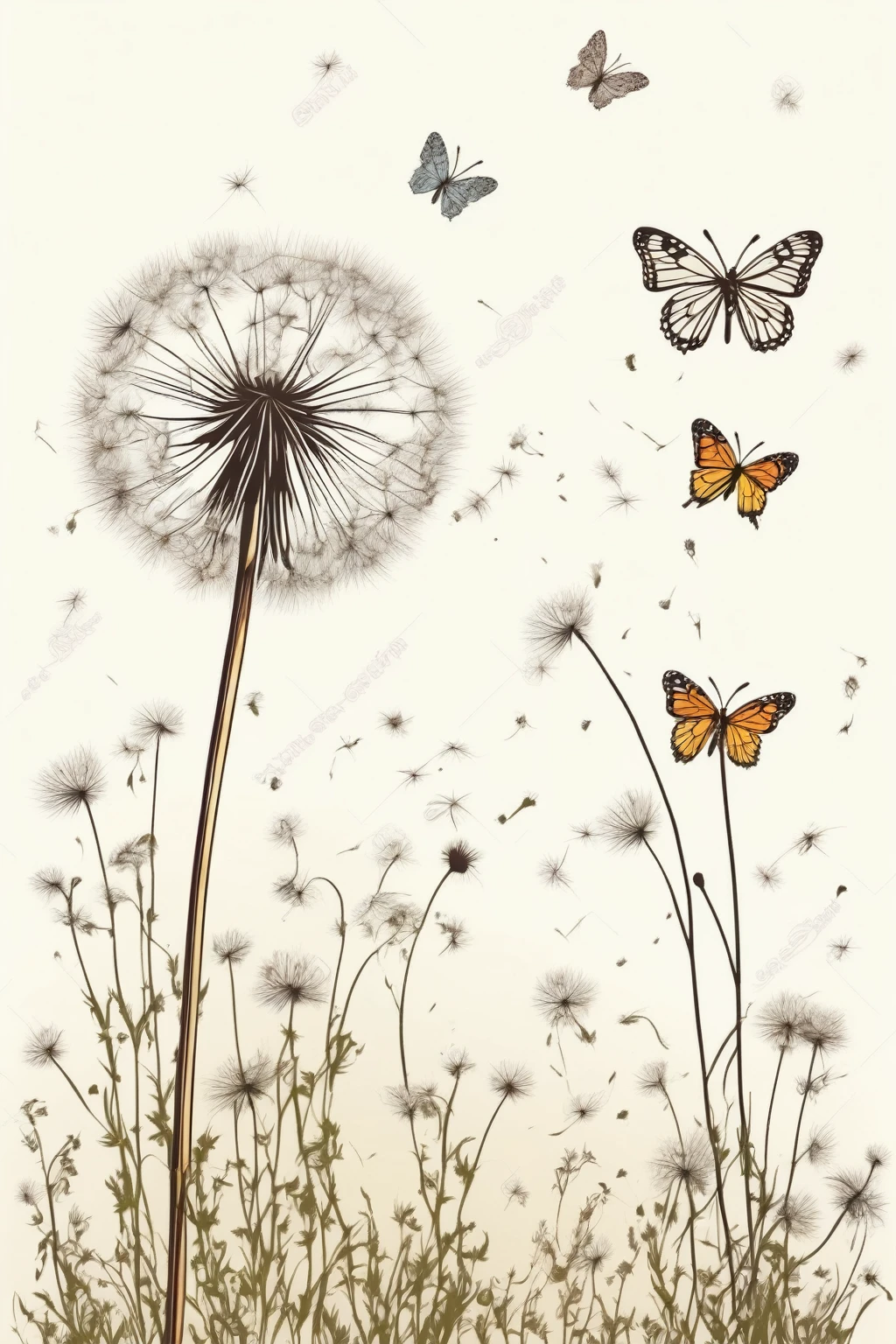 Dandelion，There are weeds and small flowers growing beside it，Butterflies flying around，Bohemian style，Realistic style，Retro Style，White background