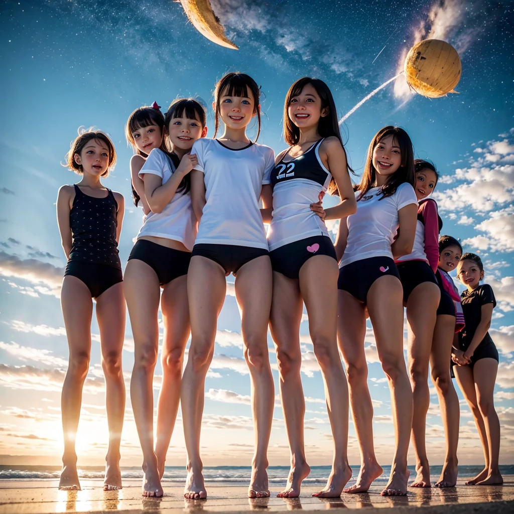 Masterpiece of ProfessionalPhoto ((ExtremelyDetailed (12 PICHIPICHI KAWAII Girls Floating in The Air in a row:1.37) in WHITE at Dusk Enoshima Beach)), {(Standing Full Body:1.2)|(from below:1.2)|Detailed KAWAII face}, Different types of hair colors, {(skinny(school swimwear))|(SchoolUniform)with Skinny AthleticShorts}, {(Corrected Childish hand)|Hidden hand|Different types of breasts|(Clearly Visible the shape of Butt)}, Joyful Expressions LifeLike Rendering, PerfectLighting, (Dazzling Horizon Visible through ThighGap), (Starry IridescentParticles:1.22) ColorfulClouds