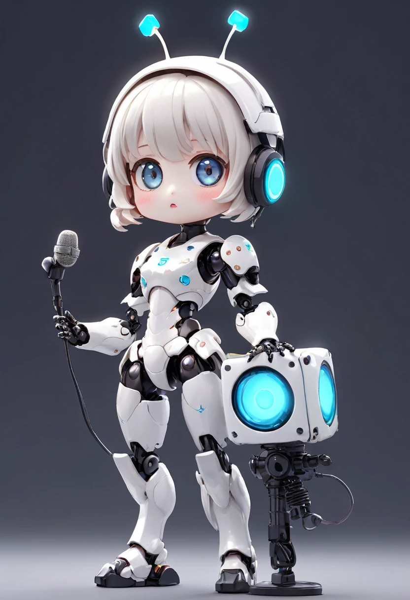 Dice-themed robot, 3D Rendering, Jongsuk Lee, Digital Art, Adorable glowing creatures, Nendoroid-like style, Futuristic Gear Shiny White Armor、A cute girl robot、Big eyes、antenna、Electronic display panel on chest、Holding the microphone close to your mouth、whole body、Background is white、Are standing