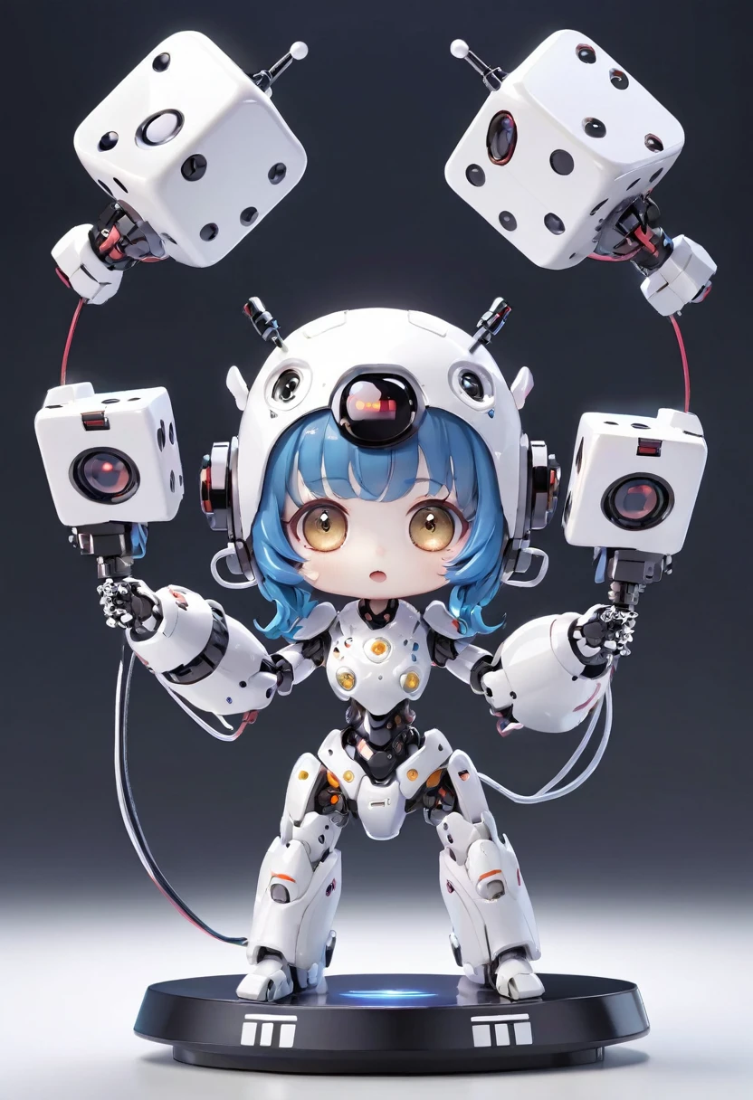 Dice-themed robot, 3D Rendering, Jongsuk Lee, Digital Art, Adorable glowing creatures, Nendoroid-like style, Futuristic Gear Shiny White Armor、A cute girl robot、Big eyes、antenna、Electronic display panel on chest、Holding the microphone close to your mouth、whole body、Background is white、Are standing