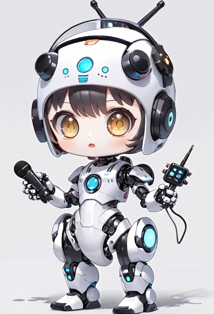 Dice-themed robot, 3D Rendering, Jongsuk Lee, Digital Art, Adorable glowing creatures, Nendoroid-like style, Futuristic Gear Shiny White Armor、A cute girl robot、Big eyes、antenna、Electronic display panel on chest、Holding the microphone close to your mouth、whole body、Background is white、Are standing