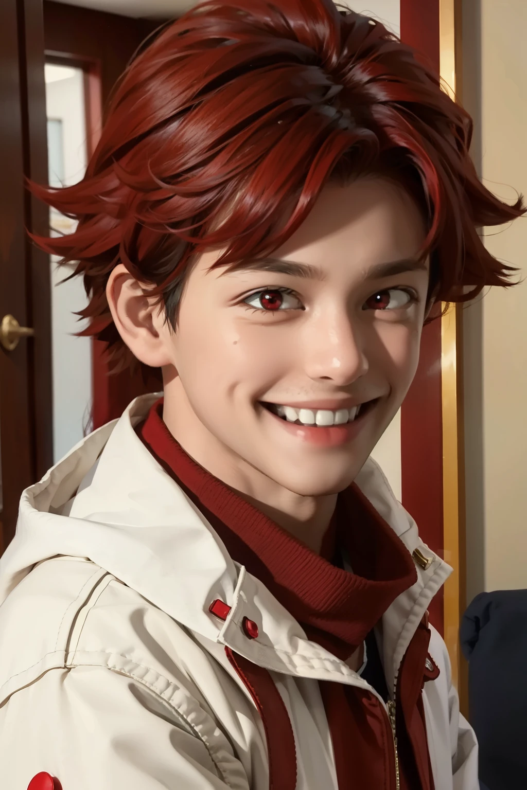 Young man with red hair, SMILING, red eyes.  14 year old boy, white wool jacket.