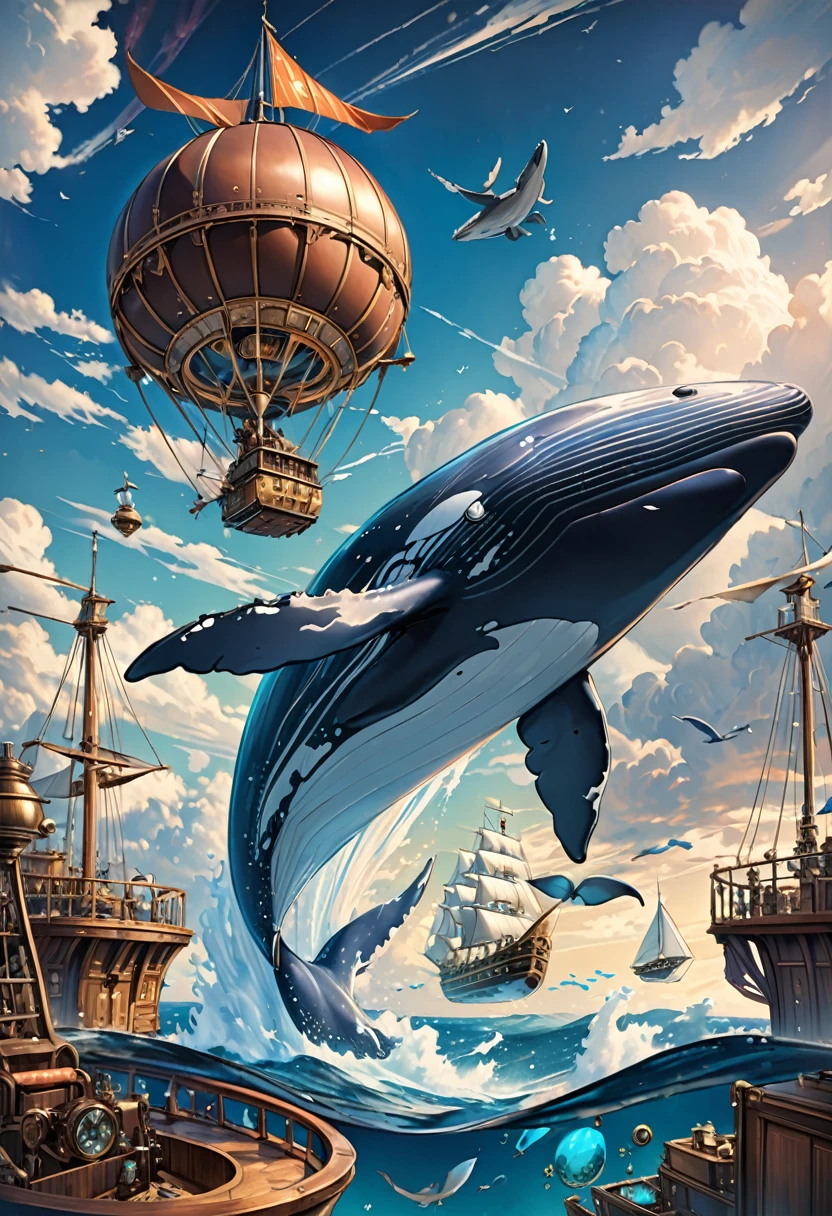 (remote々and a realistic whale flying in the sky、Equipped with anti-gravity device:1.4)、(Steampunk steam ship flying in the sky:1.2)、(A whale and a sailing ship fly side by side in the sky:1.2)、Fantastic World、(Steampunk World)、Steampunk design、Detailed steampunk illustration、delicate and dynamic、(Super detailed alcohol ink paintings:1.2)、vintage、Cinematic、