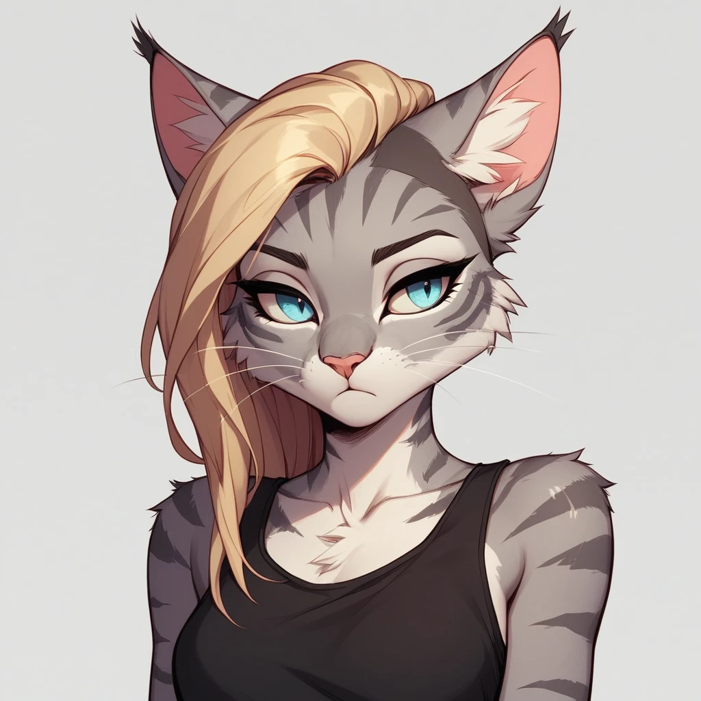 score_9,score_8_up,score_7_up, score_6_up, score_5_up, source_cartoon, flat colors, no shading, Kat, Anthro furry feline, silver fur, grey stripes on body, blue eyes, long blonde hair, undercut hair, pink nose, :3, wearing black tank top, exaggerated expression, upper body shot, closed mouth, eyes half open, jitome, expressionless, (looking to her left):2, cowboy shot, upper body shot, bored, simple white background,