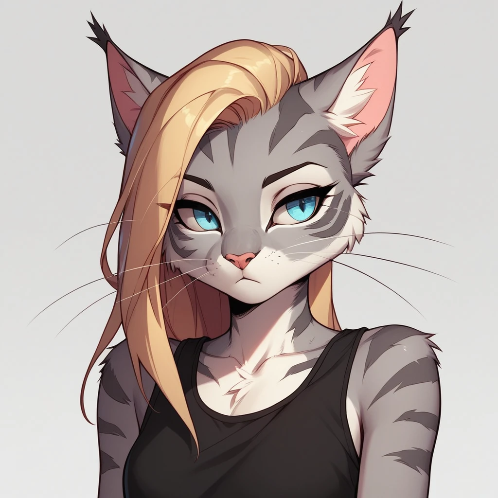 score_9,score_8_up,score_7_up, score_6_up, score_5_up, source_cartoon, flat colors, no shading, Kat, Anthro furry feline, silver fur, grey stripes on body, blue eyes, long blonde hair, undercut hair, pink nose, :3, wearing black tank top, exaggerated expression, upper body shot, closed mouth, eyes half open, jitome, expressionless, (looking to her left):2, cowboy shot, upper body shot, bored, simple white background, 