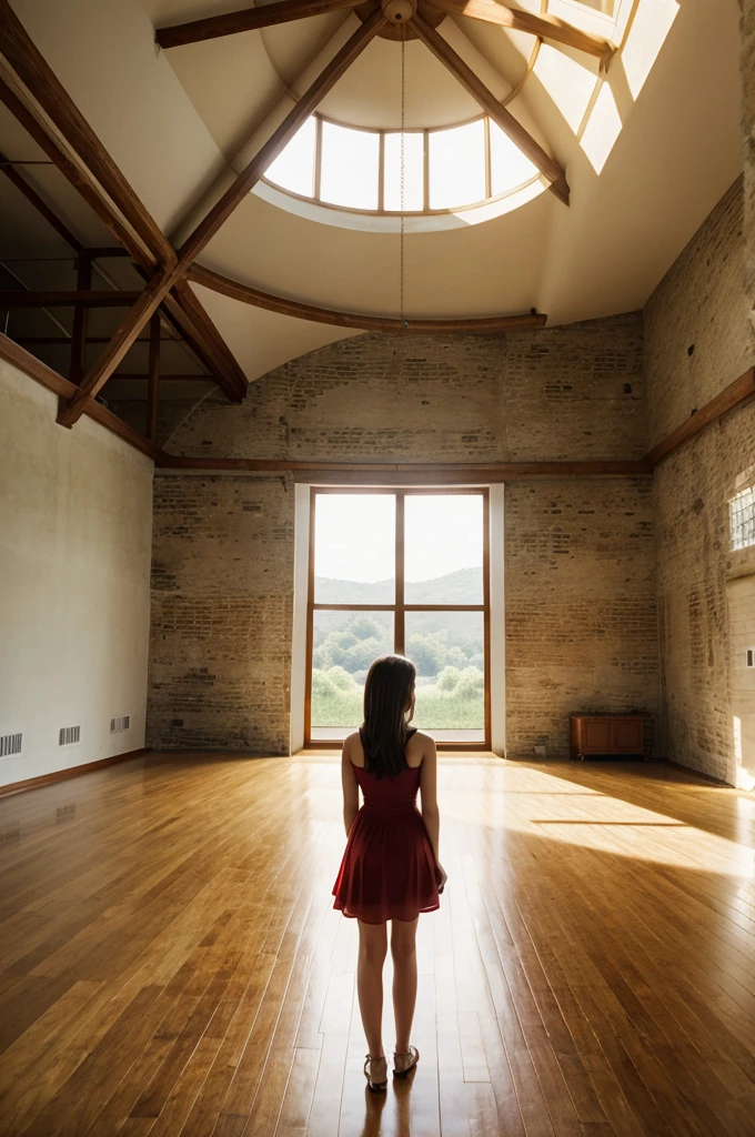 A brunette young girl, wearing short red dress, standing in middle of a big room, sunlight streaming from a round window