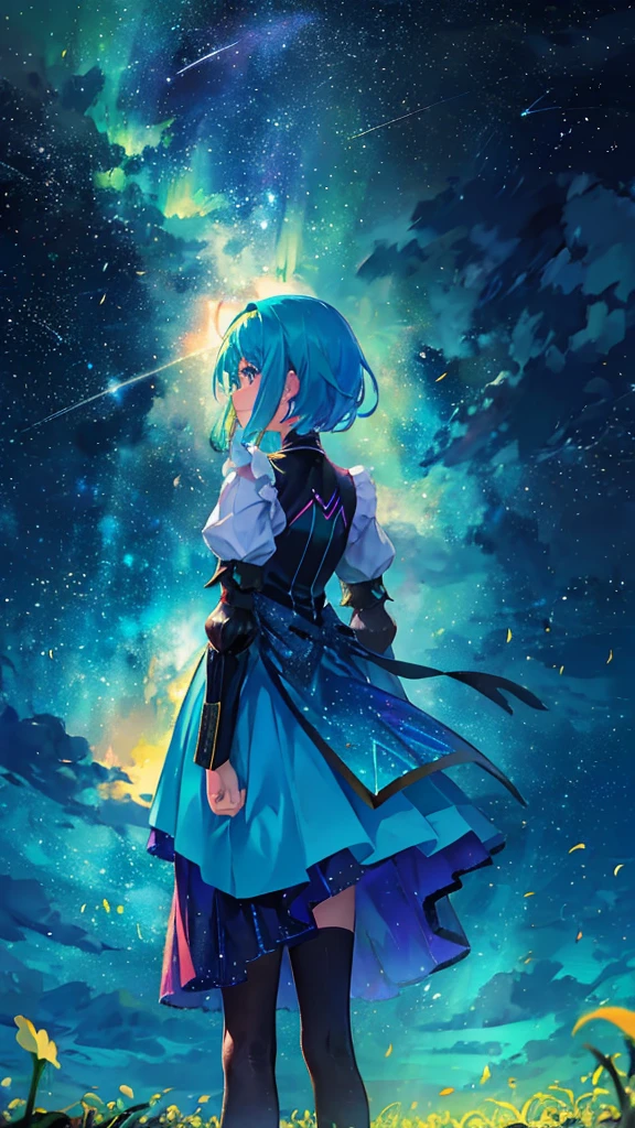 One girl, Distant Girl, Rainbow Hair, Wearing Teal Dress Armor, staring at the performer, (Zoom out:1.1), (Meteors:1.2), (comet:1.1), Low - Angle, From behind, Aurora, shooting star, Surrounded by petals, Standing in the field, Highest quality, masterpiece, cloud, colorful, Starry sky, performer