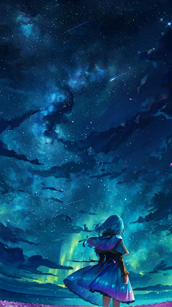 One girl, Distant Girl, Rainbow Hair, Wearing Teal Dress Armor, staring at the performer, (Zoom out:1.1), (Meteors:1.2), (comet:1.1), Low - Angle, From behind, Aurora, shooting star, Surrounded by petals, Standing in the field, Highest quality, masterpiece, cloud, colorful, Starry sky, performer