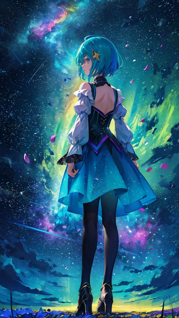 One girl, Distant Girl, Rainbow Hair, Wearing Teal Dress Armor, staring at the performer, (Zoom out:1.1), (Meteors:1.2), (comet:1.1), Low - Angle, From behind, Aurora, shooting star, Surrounded by petals, Standing in the field, Highest quality, masterpiece, cloud, colorful, Starry sky, performer