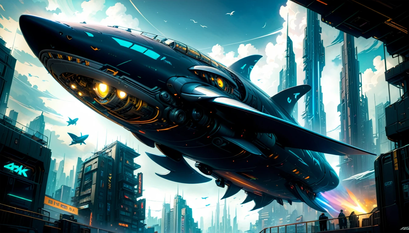 mechanical Humpback Whale, flying in the sky, one third of the body is the head, paired pectoral fins, dorsal fin absent, the tail fin turns into a rocket jet, the exterior of the mechanical humpback whale is futuristic in design, a pitch-black metal casing, glowing mechanical eyes, streamlined body, creates a futuristic mechanical image, cyberpunk, best quality, (masterpiece:1.2), hyper detailed, ultra high res, absolutely resolution, 4K, ultra HD, insanely detailed and intricate, high resolution, HDR, beautifully, aesthetic, (beautiful detailed background), cyberpunk buildings below, dark style,