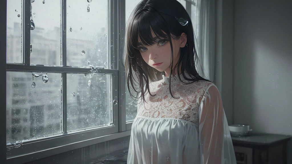 {best quality}, {very aesthetic}, {ultra-detailed}, {8k}, {Super elaborate face}, {Super-smart body}, Wet day, A woman looking out the window indoors, An ennui atmosphere, Super fine hair, flat chest,