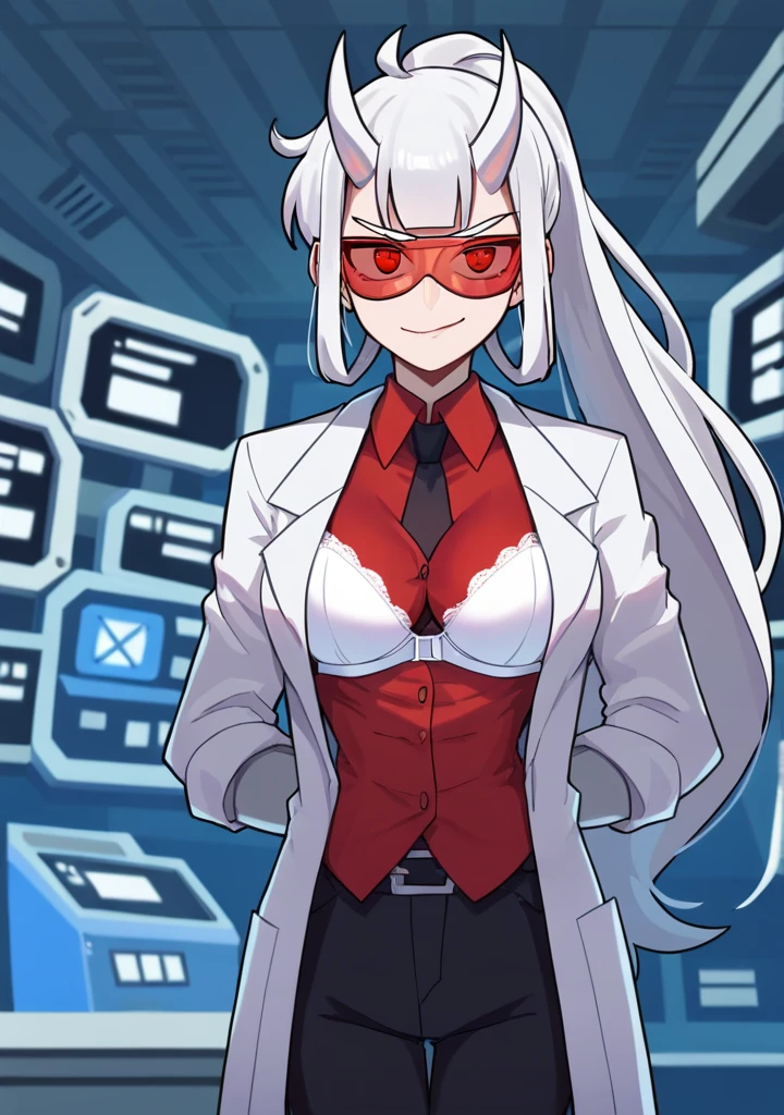 score_8_up, score_7_up, anime screenshot, looking at viewer, clouds
1girl, loremaster (helltaker), horns, long hair, ponytail, white hair, red-tinted eyewear, lab coat, red shirt, formal, black pants, 
standing, looking at viewer, arms behind back, laboratory, Open clothes, unbuttoned shirt, white bra, big chest, strong abs,