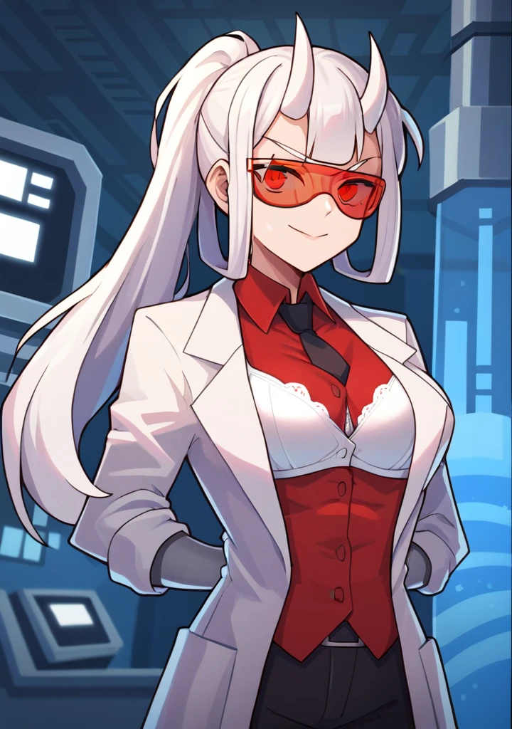 score_8_up, score_7_up, anime screenshot, looking at viewer, clouds
1girl, loremaster (helltaker), horns, long hair, ponytail, white hair, red-tinted eyewear, lab coat, red shirt, formal, black pants, 
standing, looking at viewer, arms behind back, laboratory, Open clothes, unbuttoned shirt, white bra, big chest, strong abs,