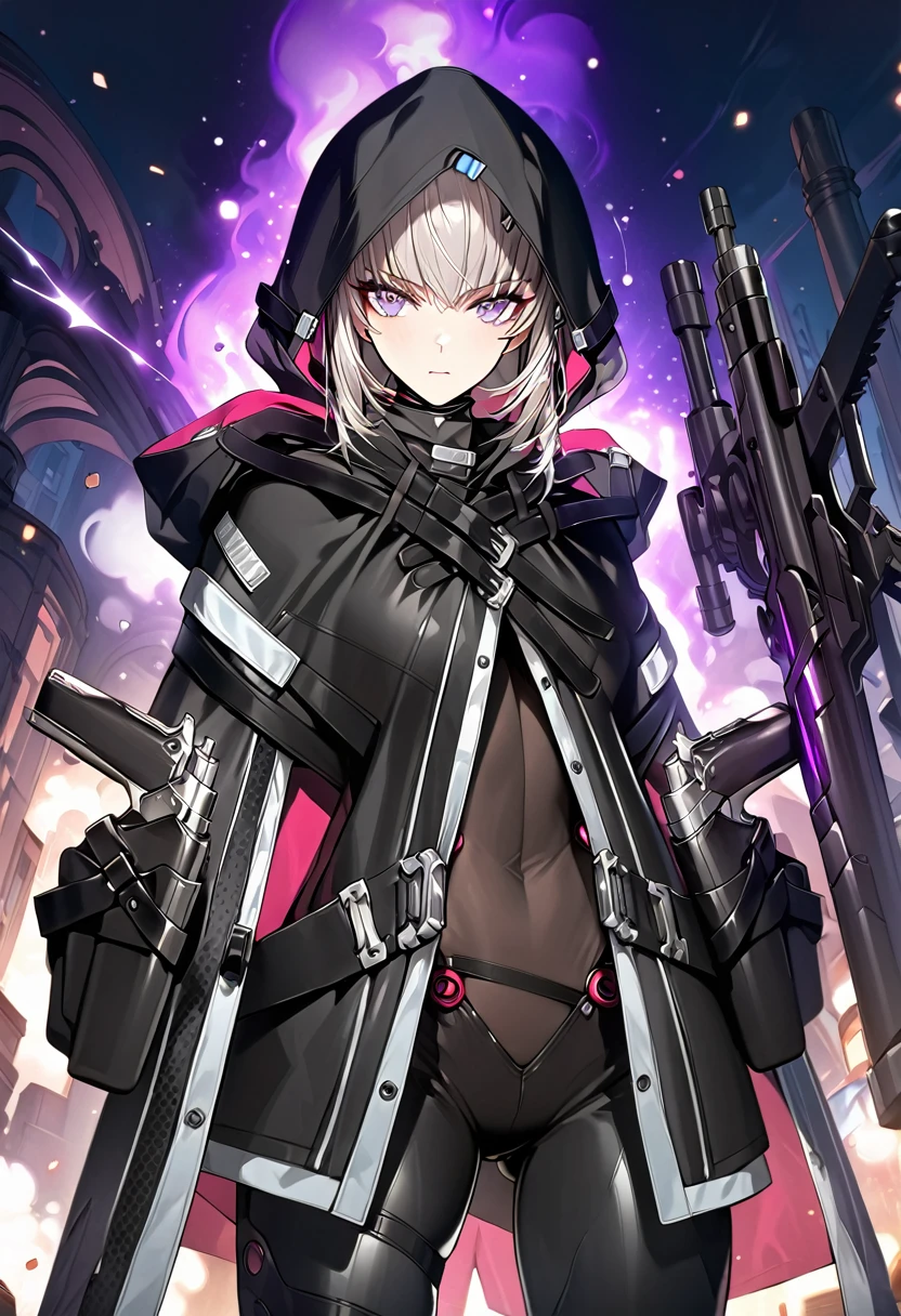 absurdres, by famous artist, exquisite, cowboy shot, hood, jacket, body suit, black clothes, black wear, weapon,((( purple eyes))), perfect eyes,ultra detailed beautiful face, masterpiece, super fine illustration, ultra high res, masterwork, best quality, cg unity 8k wallpaper, official art, ultra detailed, beautiful, accurate face parts, even eyes, symmetrical eyes, perfect face, ultra detailed beautiful eyes, (((breasts))), gleaming skin, oil skin, shiny skin, (((black pantyhose, black tights))), beautiful and aesthetic, High quality, extremely detailed, extremely detailed cg unity 8k wallpaper, super detailed skin, hdr, highers, extremely detailed beautiful face, light eyes, 16k, finely detail, Amazing, top quality, distinct image, vibrant details, professional art,