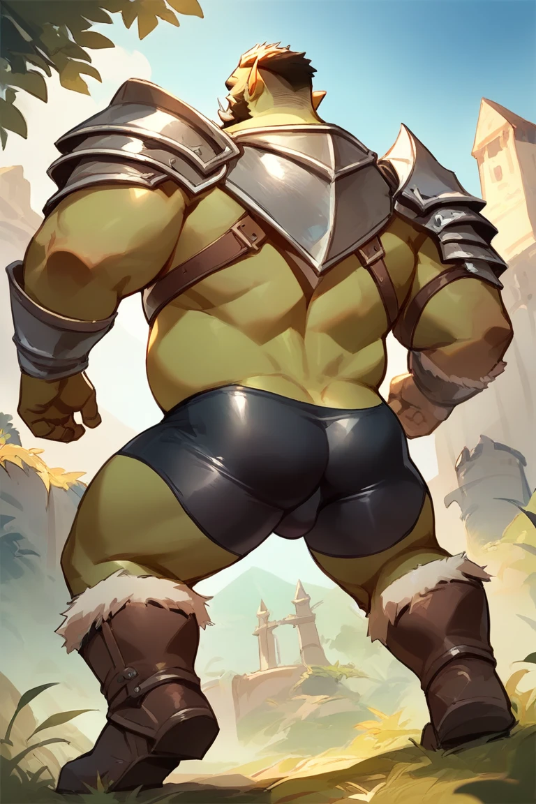 score_9, score_8_up, score_7_up, solo, male focus, chubby male, orc, green skin, tusks, beard, outdoors, armor , shoulder armor, breastplate, day, boots armor , (( black micro tight shorts )) , full body , all fours pose , backside , back side , low-angle