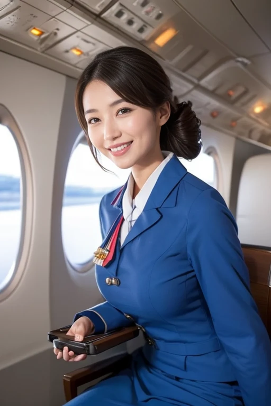 best quality, masterpiece, beautiful Japanese woman,( ((stewardess))), ((inside an airplane)), smiling, huge breasts