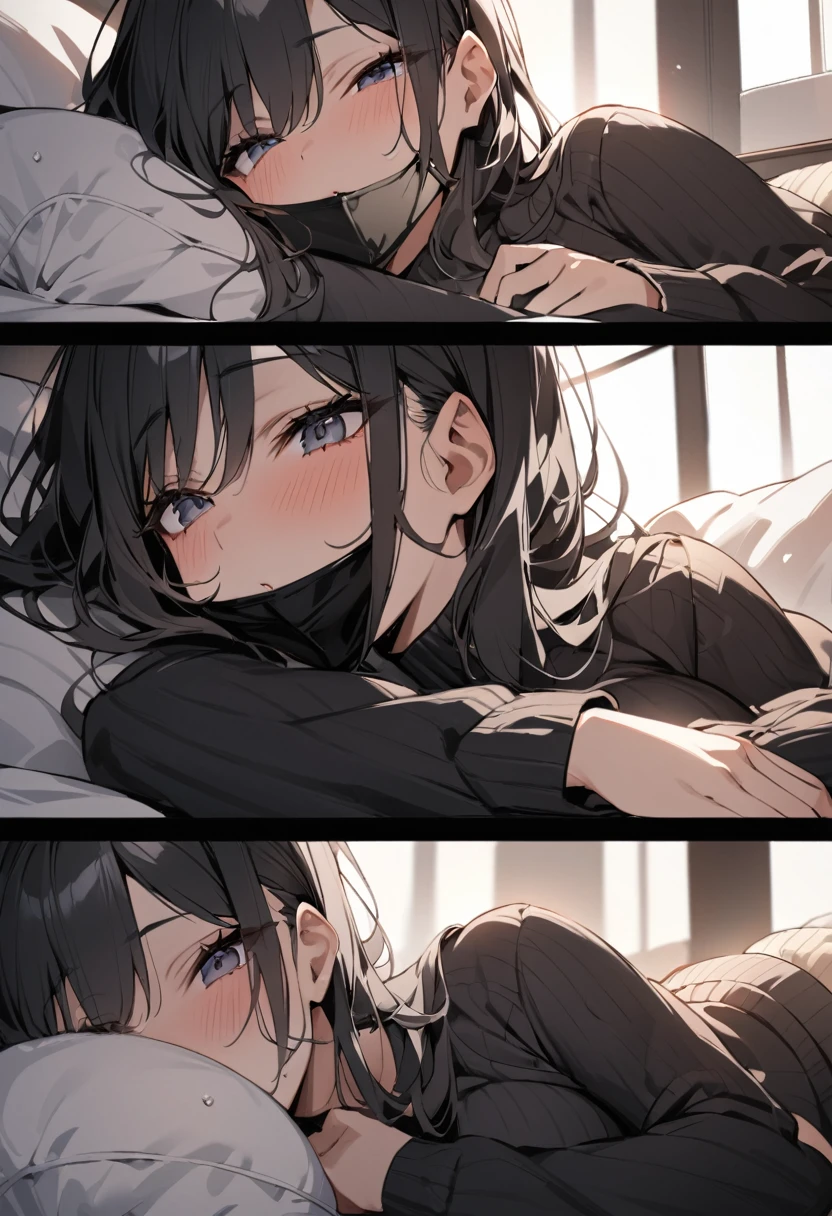 ((masterpiece)), (Highest quality), Long black hair, comftable black sweater, The G cup bust, black facemask in face, 24 years old, sweater over her hands, soft breast, breast big enough to rest on, lying on bed, from below