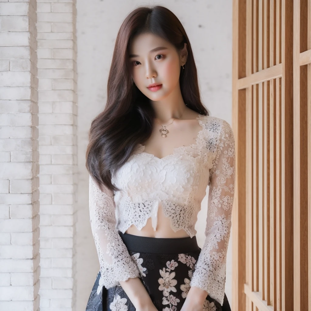 A beautiful Korean woman aged 20 years, wearing a white Balinese kebaya, full body, wearing a black floral patterned skirt, standing gracefully and taking photos, Background, photo studio, very detailed 8k