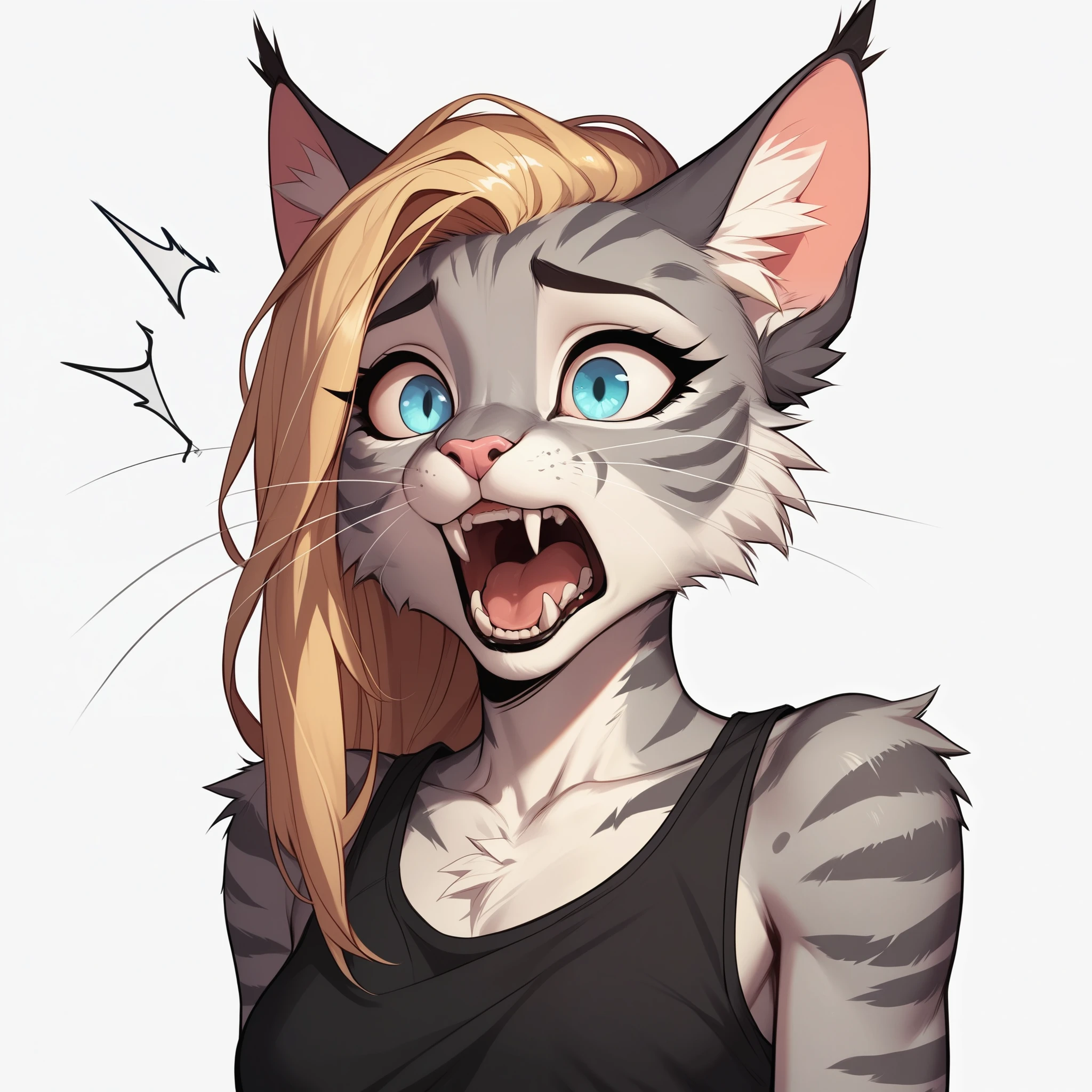 score_9,score_8_up,score_7_up, score_6_up, score_5_up, source_cartoon, flat colors, no shading, Kat, Anthro furry feline, silver fur, grey stripes on body, blue eyes, long blonde hair, undercut hair, pink nose, :3, wearing black tank top, exaggerated expression, upper body shot, screaming, shocked, feline teeth, mouth open, (looking to her left):2, cowboy shot, upper body shot, bored, simple white background, side view