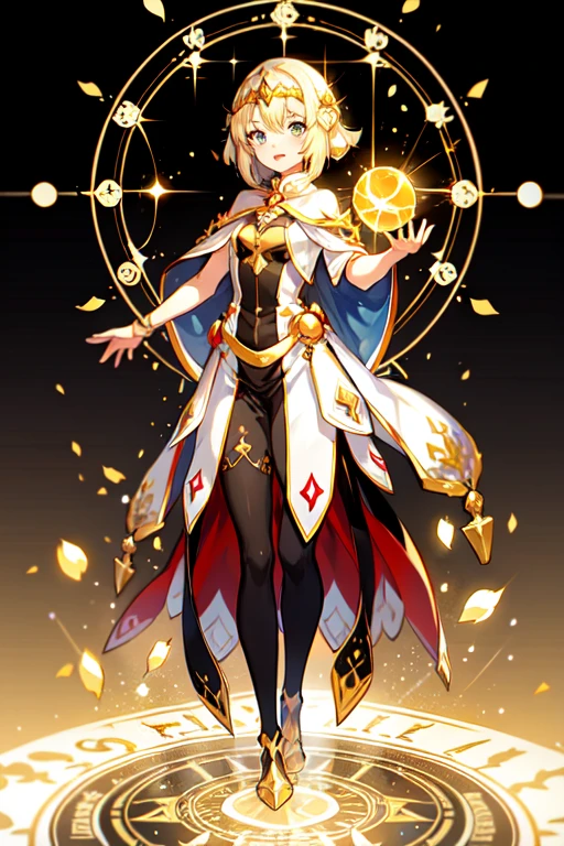 ((Highest quality)), ((masterpiece)), (detailed), Perfect Face, Perfect Arms, Perfect hands, Perfect Fingers, anime, Ultra-fine illustration, (One girl), Wizard, Wizardのドレス, (Aura of Light:1.3), (Particles of light), (Light properties), (Stand on a magic circle:1.3), {(With a golden ball)}, Black background, Full Body Shot,