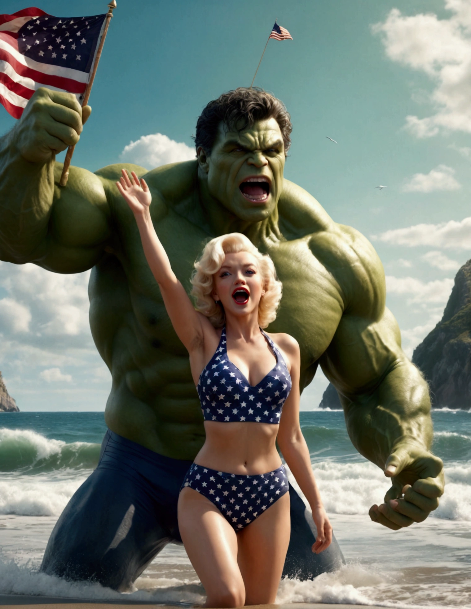 (complex, two subjects)(A muscular green humanoid figure, The Incredible Hulk), standing on a beach, has just thrown a massive whale back towards the ocean, the (subject 2: whale mid-air with huge eyes and an open shocked mouth), comical scene, (best quality,4k,8k,highres,masterpiece:1.2),ultra-detailed,(realistic,photorealistic,photo-realistic:1.37),hyperrealistic,3D render,dramatic lighting,vibrant colors,action pose,ocean background,beach setting Marilyn Monroe, age 25, 50s style swimsuit american flag motif, waving a small american flag, American flag in background, sultry joyous pose