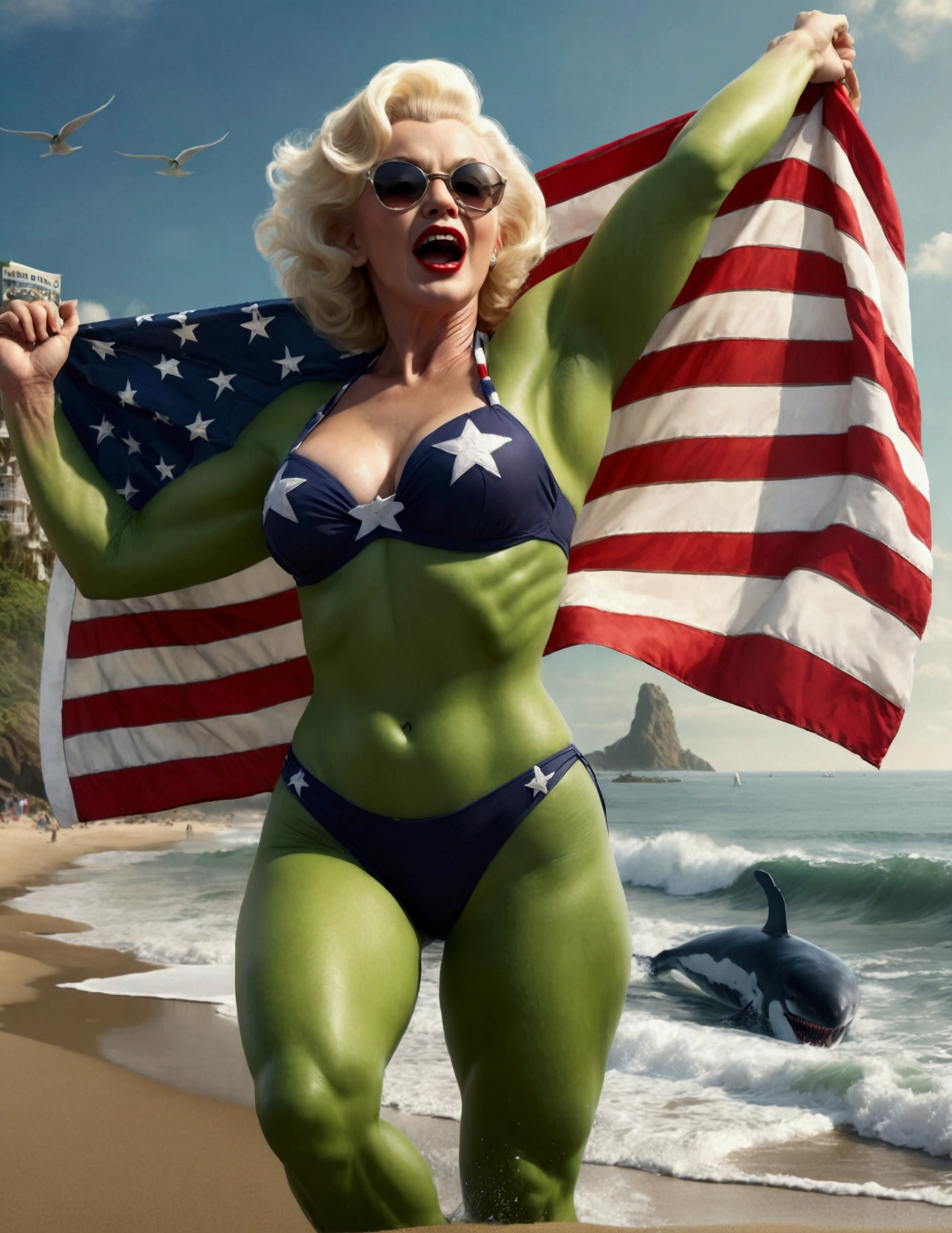 (complex, two subjects)(A muscular green humanoid figure, The Incredible Hulk), standing on a beach, has just thrown a massive whale back towards the ocean, the (subject 2: whale mid-air with huge eyes and an open shocked mouth), comical scene, (best quality,4k,8k,highres,masterpiece:1.2),ultra-detailed,(realistic,photorealistic,photo-realistic:1.37),hyperrealistic,3D render,dramatic lighting,vibrant colors,action pose,ocean background,beach setting Marilyn Monroe, age 25, 50s style swimsuit american flag motif, waving a small american flag, American flag in background, sultry joyous pose