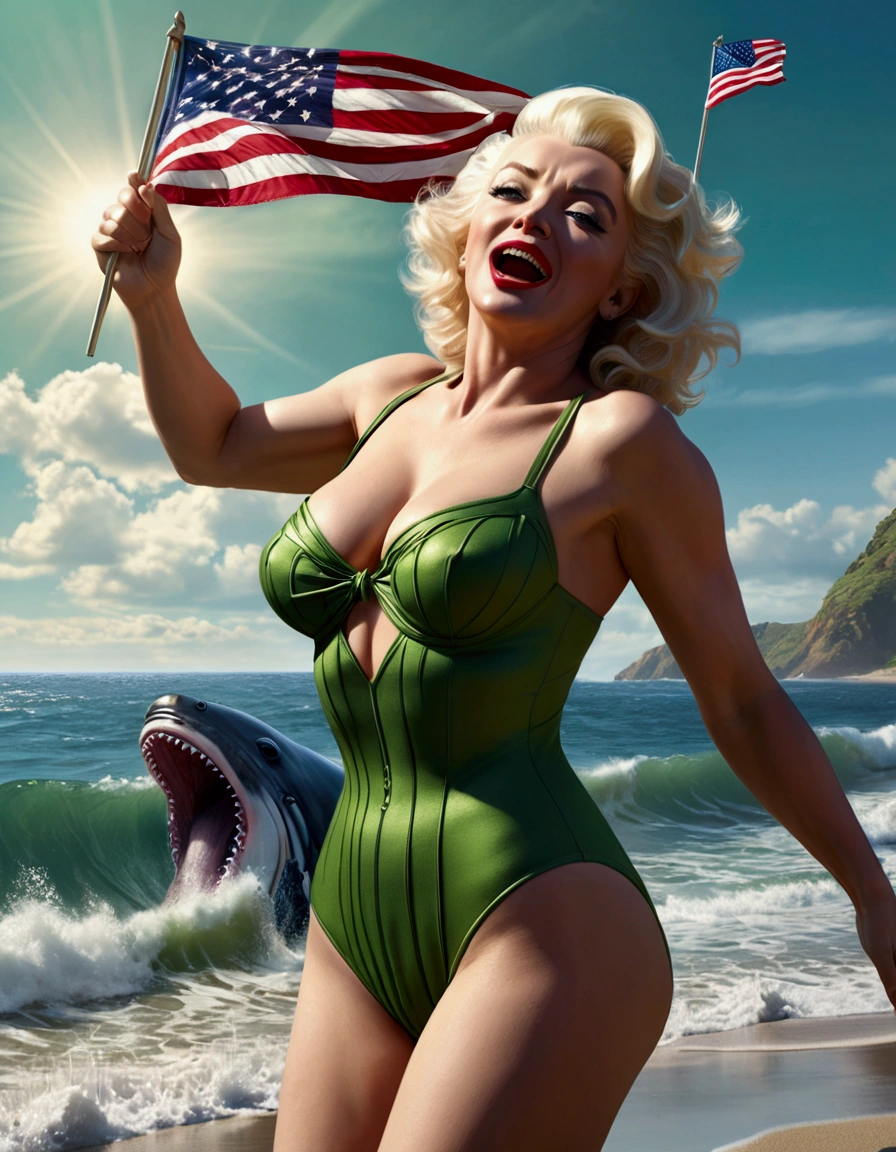 (complex, two subjects)(A muscular green humanoid figure, The Incredible Hulk), standing on a beach, has just thrown a massive whale back towards the ocean, the (subject 2: whale mid-air with huge eyes and an open shocked mouth), comical scene, (best quality,4k,8k,highres,masterpiece:1.2),ultra-detailed,(realistic,photorealistic,photo-realistic:1.37),hyperrealistic,3D render,dramatic lighting,vibrant colors,action pose,ocean background,beach setting Marilyn Monroe, age 25, 50s style swimsuit american flag motif, waving a small american flag, American flag in background, sultry joyous pose

