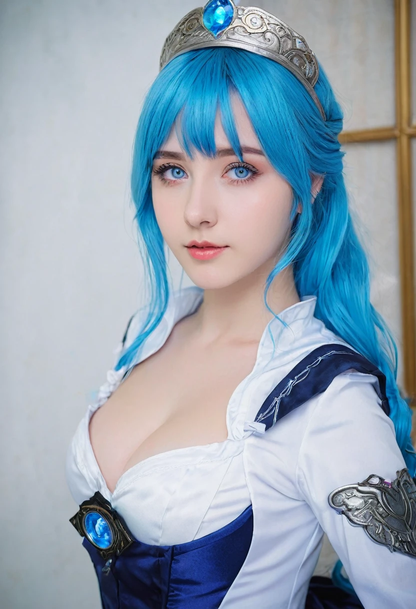 best quality, masterpiece, iamyoung22, 1girl, solo, looking at viewer, cosplay, blue eyes,