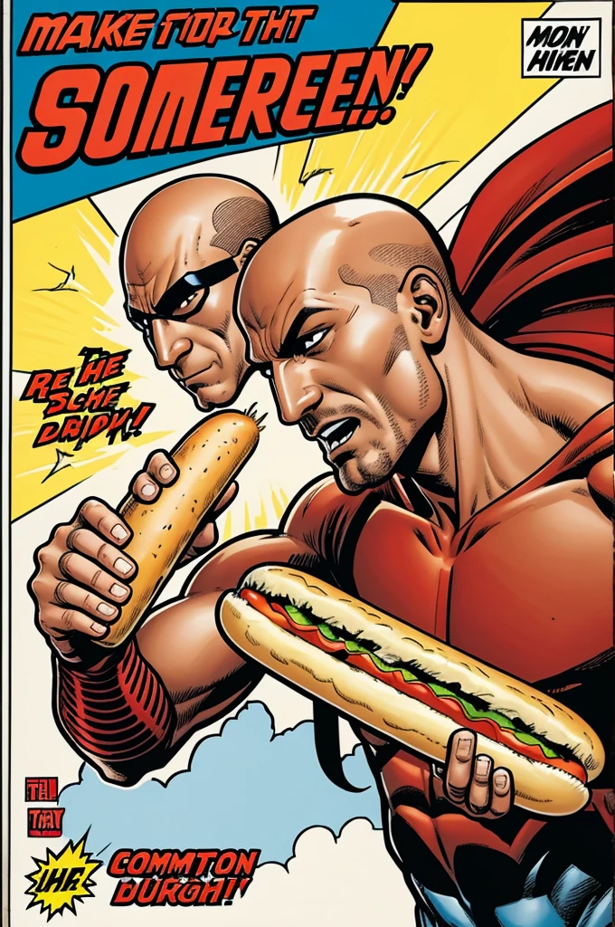 Make a comic promotional flamee with a bald superhero eating hot dog and wings 