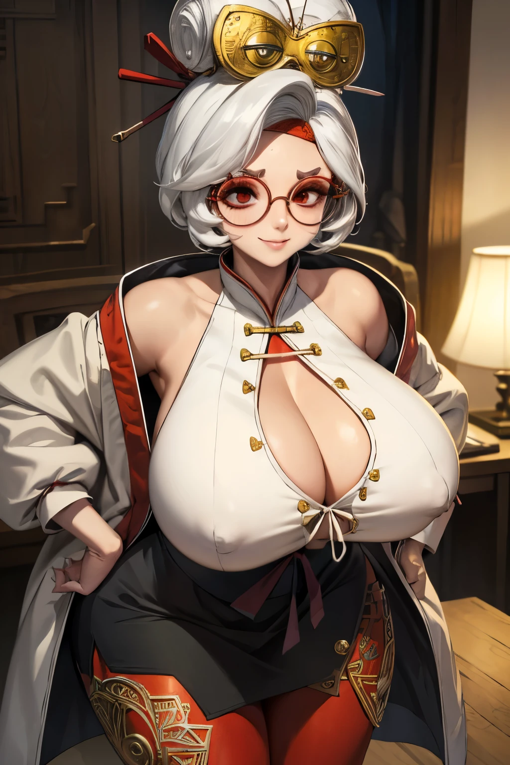 (masterpiece, best quality, absurdres, 4k, aesthetic, detailed, intricate, perfect lighting),simple background,1girl,smug smile,hands on hip,purah,red glasses, hair ornament, hair stick, red headband, white shirt, bare shoulders, white jacket, black skirt, orange leggings:1.2, large breasts, cleavage, indoors, BEtaut, tight top, torn top