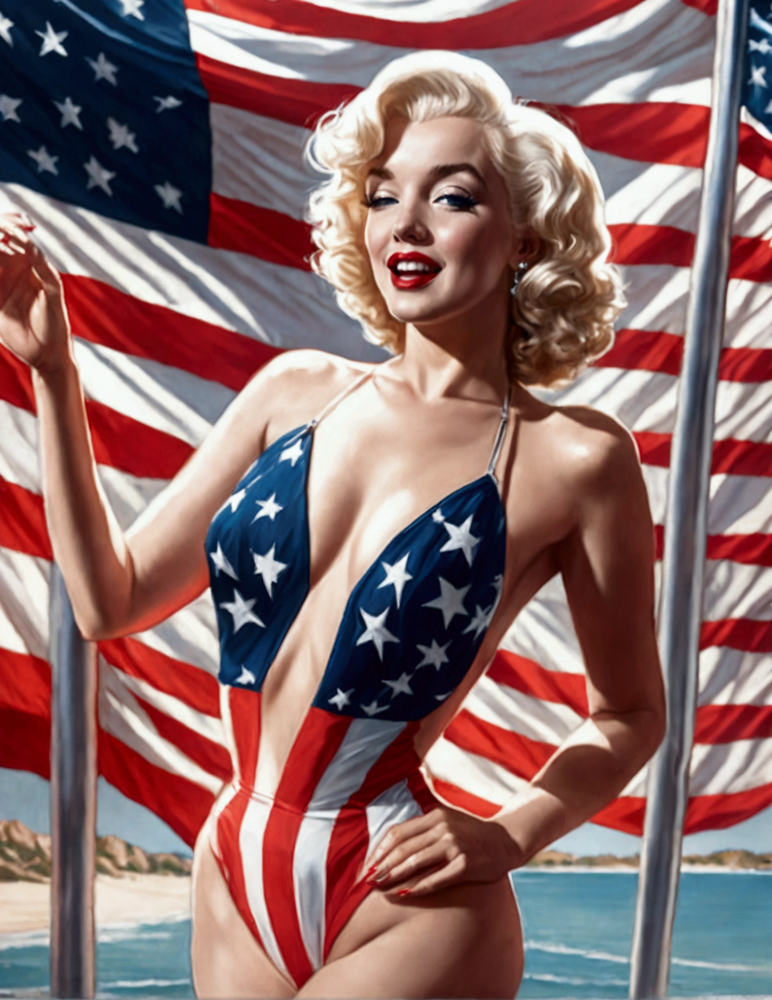 Marilyn Monroe, age 25, 50s style swimsuit american flag motif, waving a small american flag, American flag in background, sultry joyous pose
