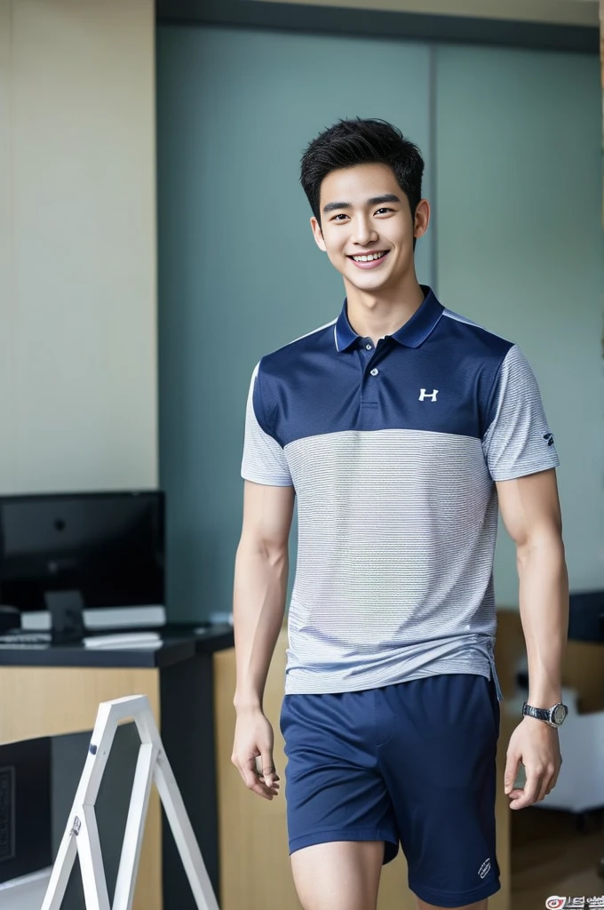 Korean man, Inspiration from Peng Yuyan, 23 years old, Korean muscular man ,The computer room is in the back. Sports t-shirts, polo, tight, navy blue., open mouth smile