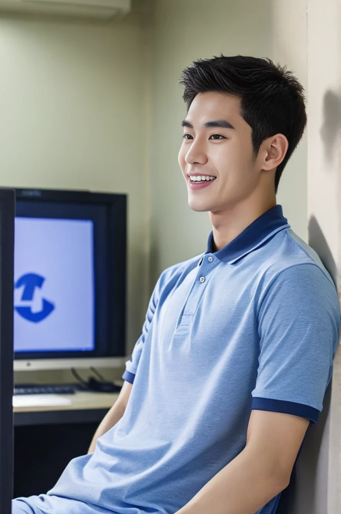 Korean man, Inspiration from Peng Yuyan, 23 years old, Korean muscular man ,The computer room is in the back. Sports t-shirts, polo, tight, navy blue., open mouth smile