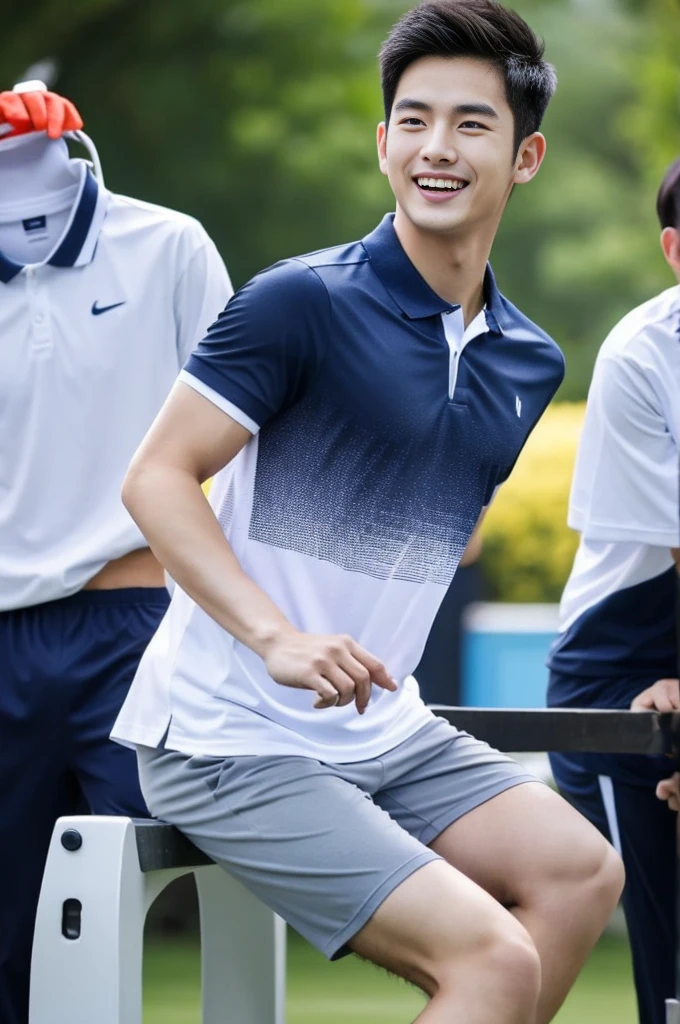 Korean man, Inspiration from Peng Yuyan, 23 years old, Korean muscular man ,The computer room is in the back. Sports t-shirts, polo, tight, navy blue., open mouth smile