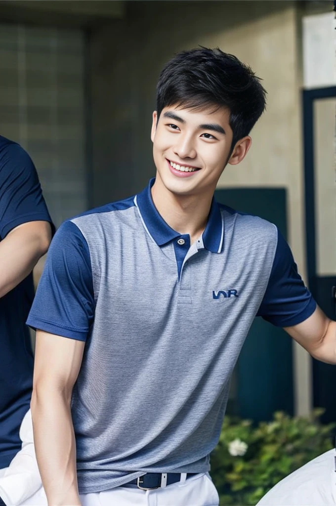 Korean man, Inspiration from Peng Yuyan, 23 years old, Korean muscular man ,The computer room is in the back. Sports t-shirts, polo, tight, navy blue., open mouth smile