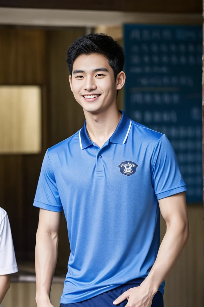 Korean man, Inspiration from Peng Yuyan, 23 years old, Korean muscular man ，The computer room is in the back. Sports t-shirts, polo, tight, navy blue., open mouth smile